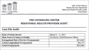 A screenshot of a page from the portion of the Public Consulting Group audit that details findings for The Counseling Center in Alamogordo.